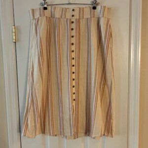 Sonoma Women's Linen Blend Beige Striped Buttons Elastic Midi Skirt Size Large